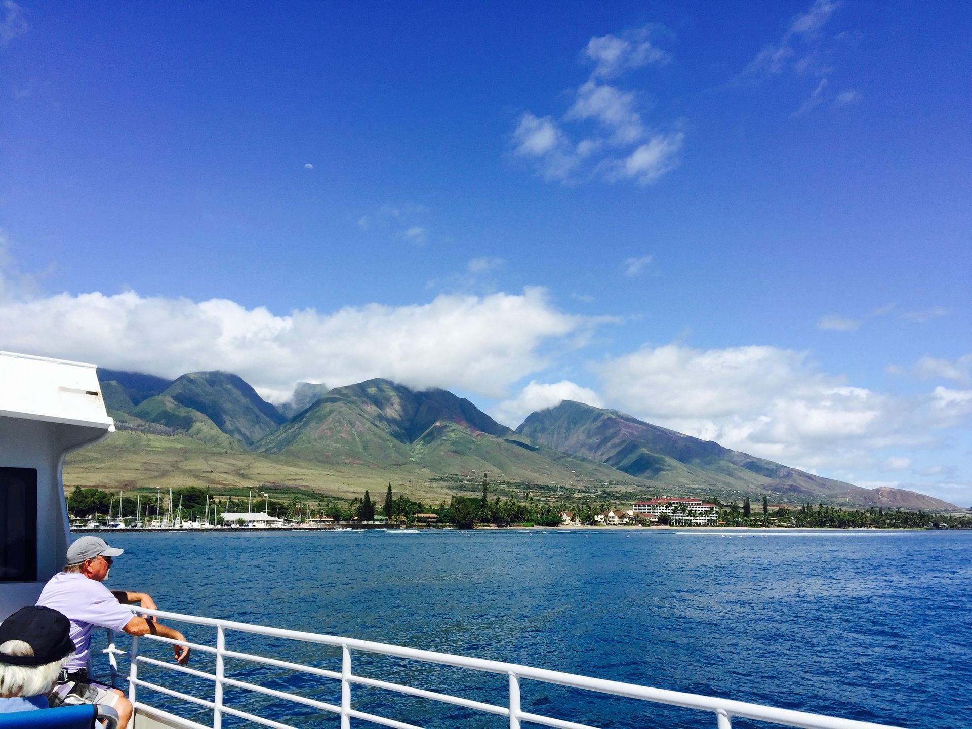 A person leans on the white railing of a boat, looking out at the ocean toward a mountain range under a blue, cloudy sky.