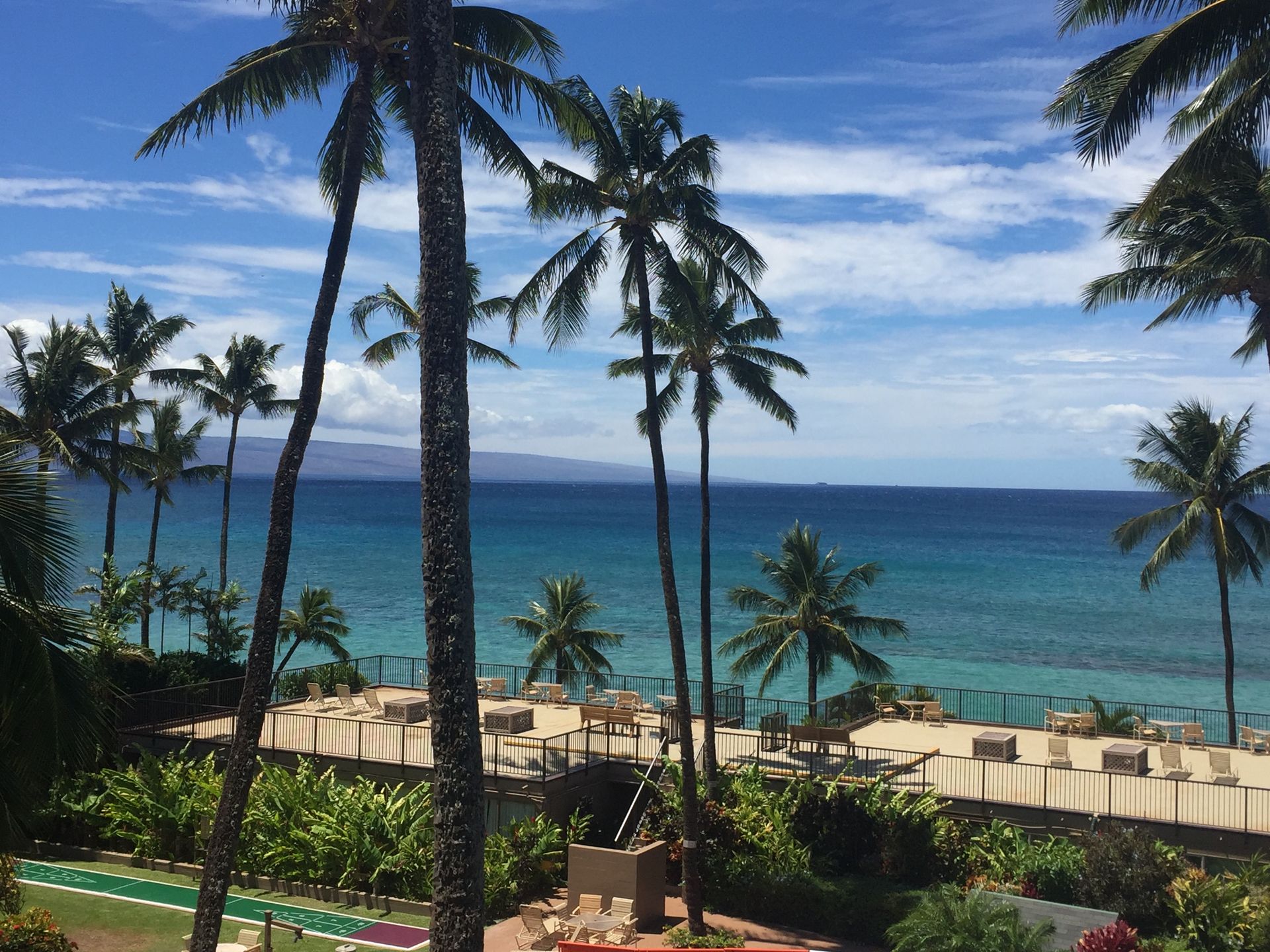 Tall palm trees frame a sunny beach resort with lounge chairs, ocean views, and a distant island under a blue sky.