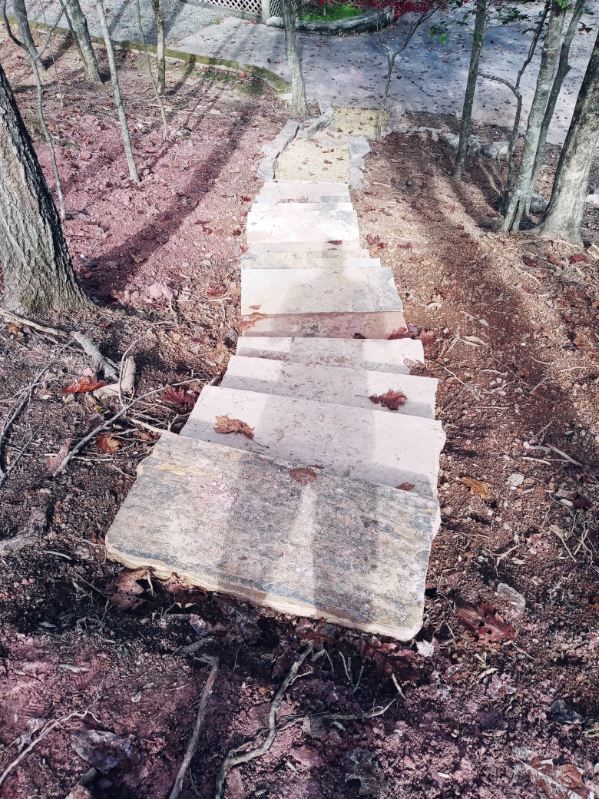 A wooden staircase is going up a hill in the woods.