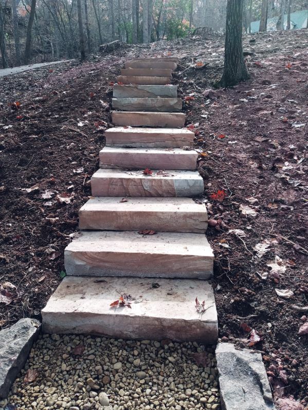 A row of stone steps leading up to a wooded area