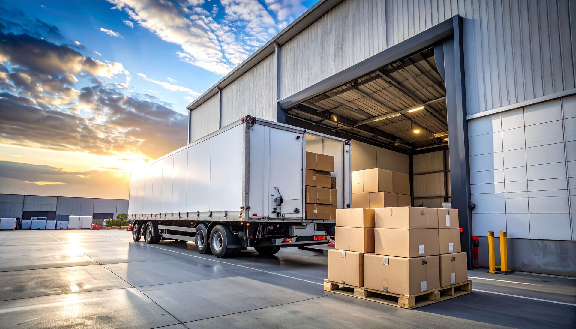 Freight truck at warehouse dock with stacked cardboard boxes at sunset