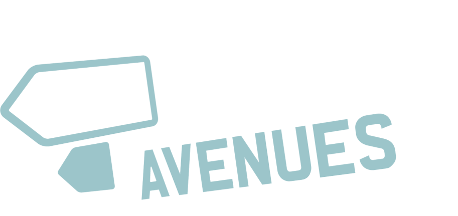 A logo for avenues with an arrow pointing to the right.