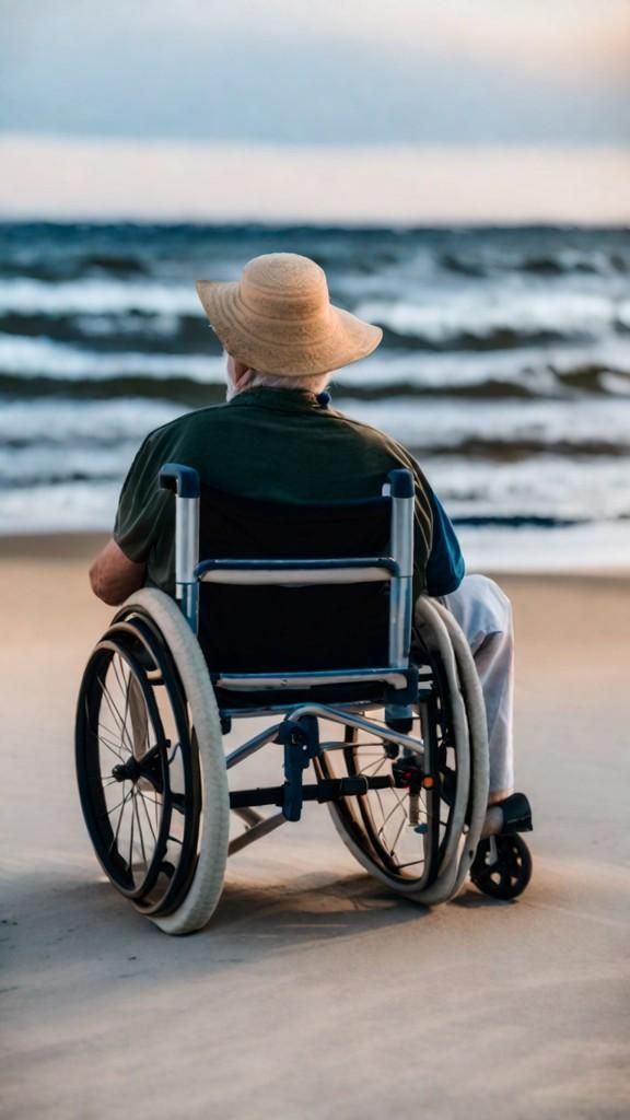 An Elderly Man in a Wheelchair is Sitting on the Beach Looking at the Ocean — ACT Law Associates In Canberra, ACT