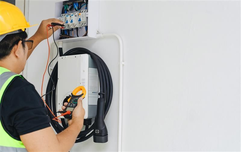 Electrician in a yellow hard hat tests electrical panel with tools near a charging station.