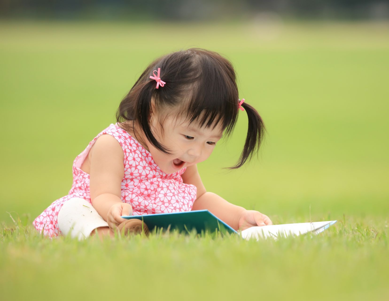 A little girl is sitting on the grass reading a book.