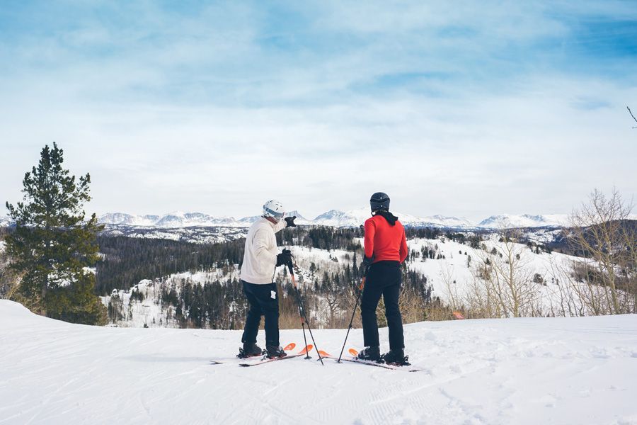 Two skiers in winter gear overlooking a snowy mountain landscape under a blue sky