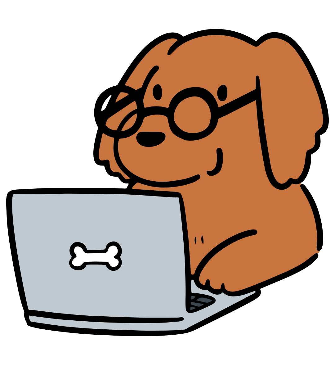 Illustration of dog writing on laptop.