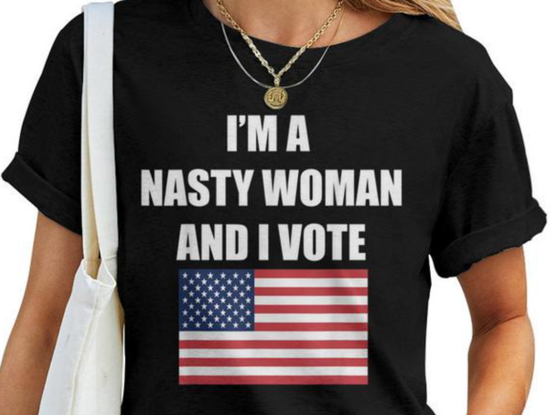 Woman wearing T-shirt saying, 