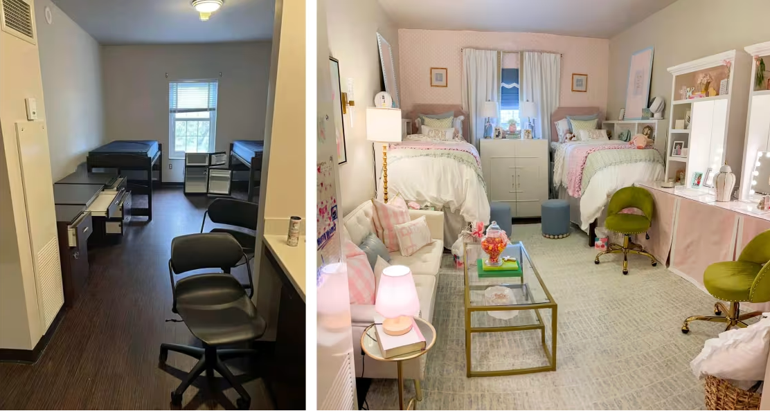 Before and after photos of dorm room makeover.