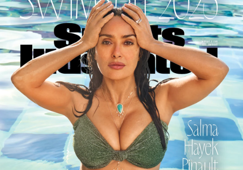 Salma Hayek in a bikini in a pool on the cover of the 2025 Sports Illustrated swimsuit issue.