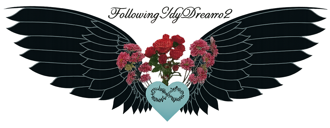 Black angel wings with a rose and heart design. Text reads 