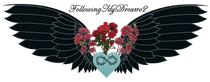 Black angel wings, red roses, teal heart with infinity symbol, and the words 