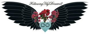 Black angel wings, red roses, teal heart with infinity symbol, and the words 