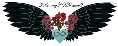 Black angel wings with a rose and heart design. Text reads 