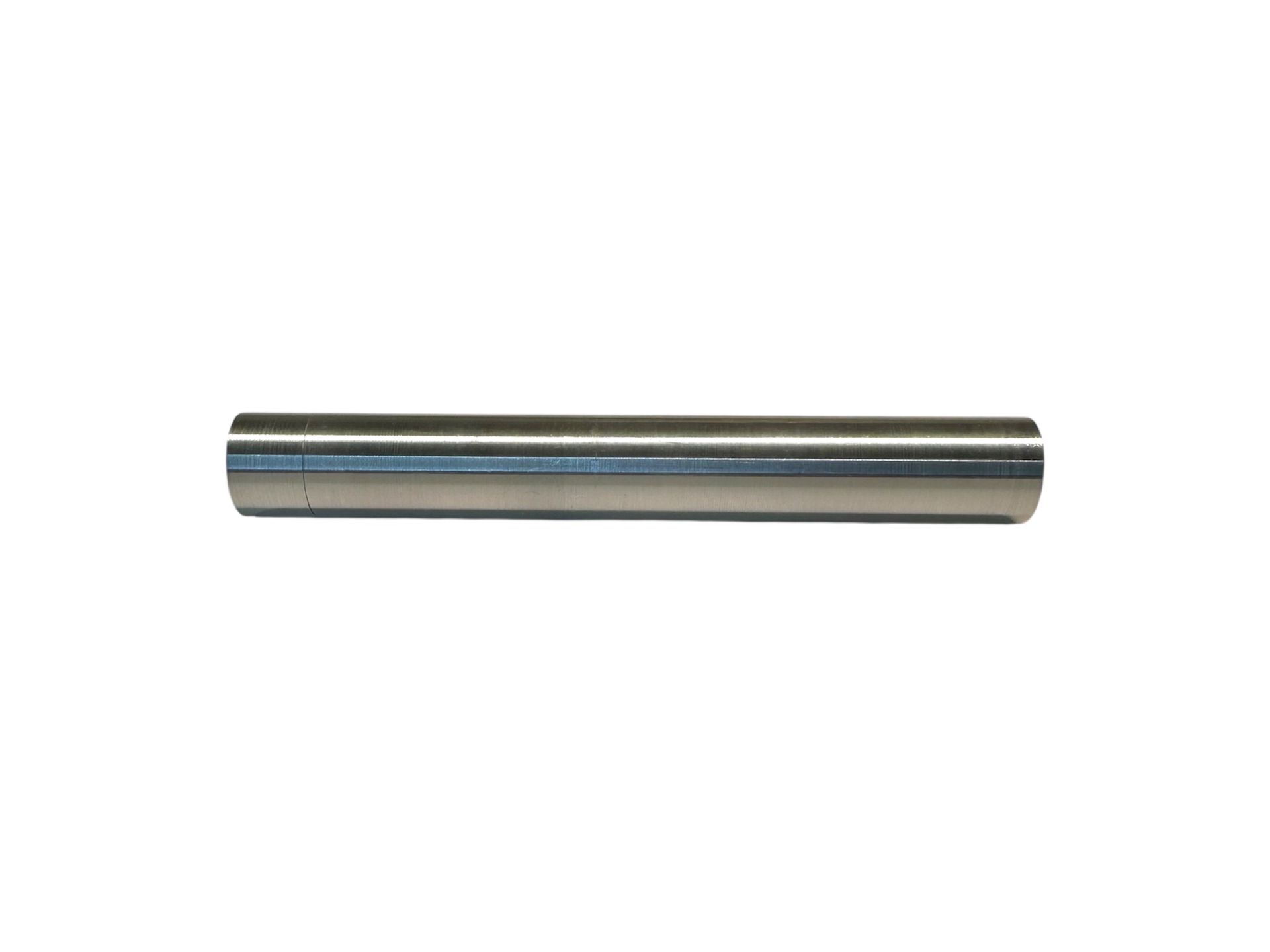 Shiny metal cylindrical rod on white background.