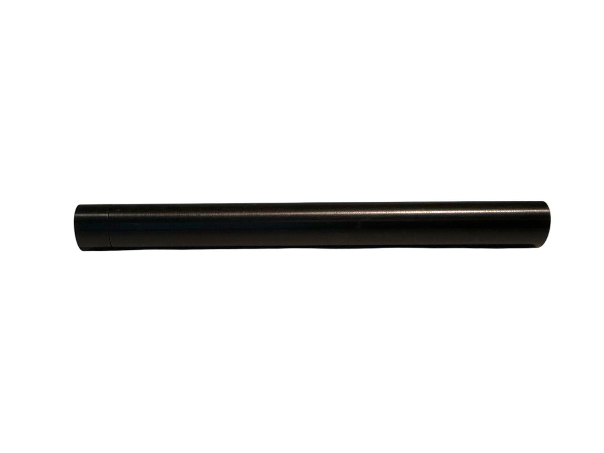 Black cylindrical rod, likely metal, horizontally centered on a white background.