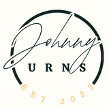 Logo for Johnny Urns: Black and white script 