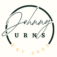 Logo for Johnny Urns: Black and white script 