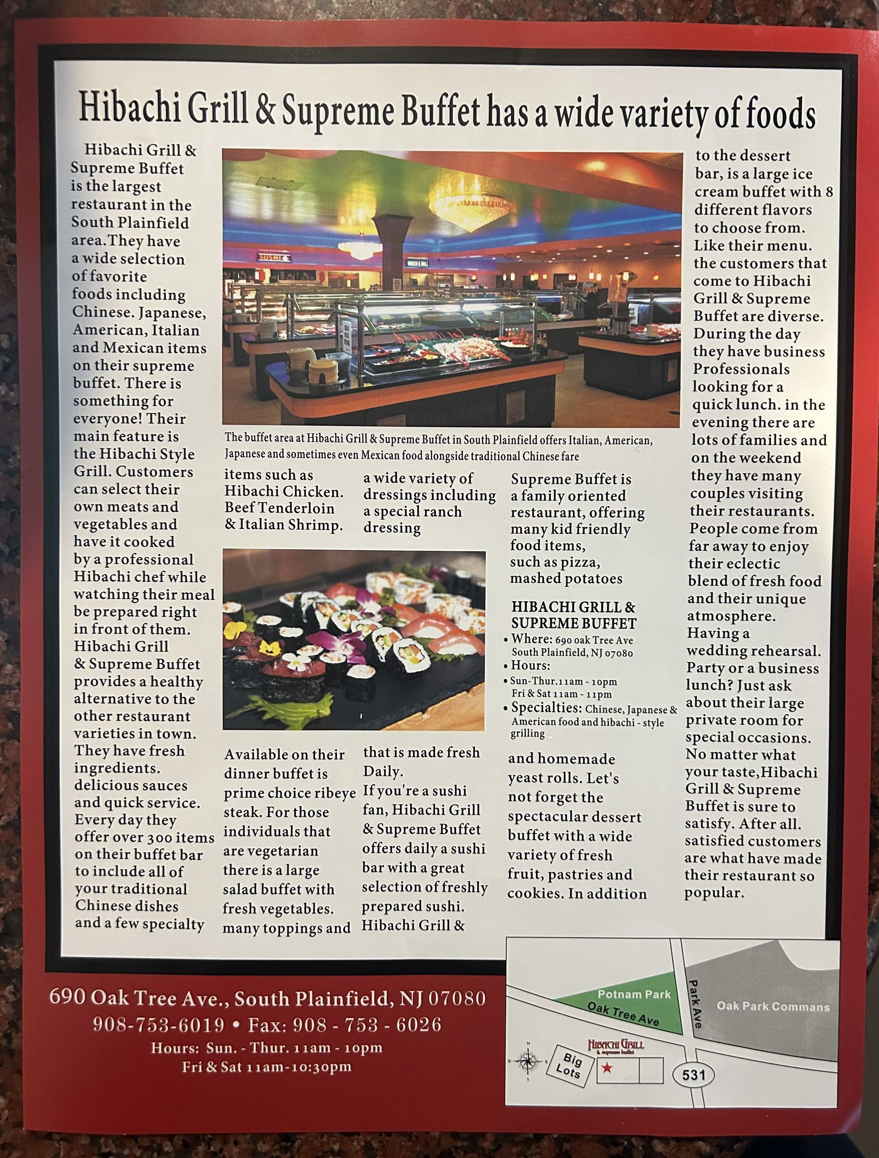 Restaurant Menu — South Plainfield, NJ — Hibachi Grill & Supreme Buffet