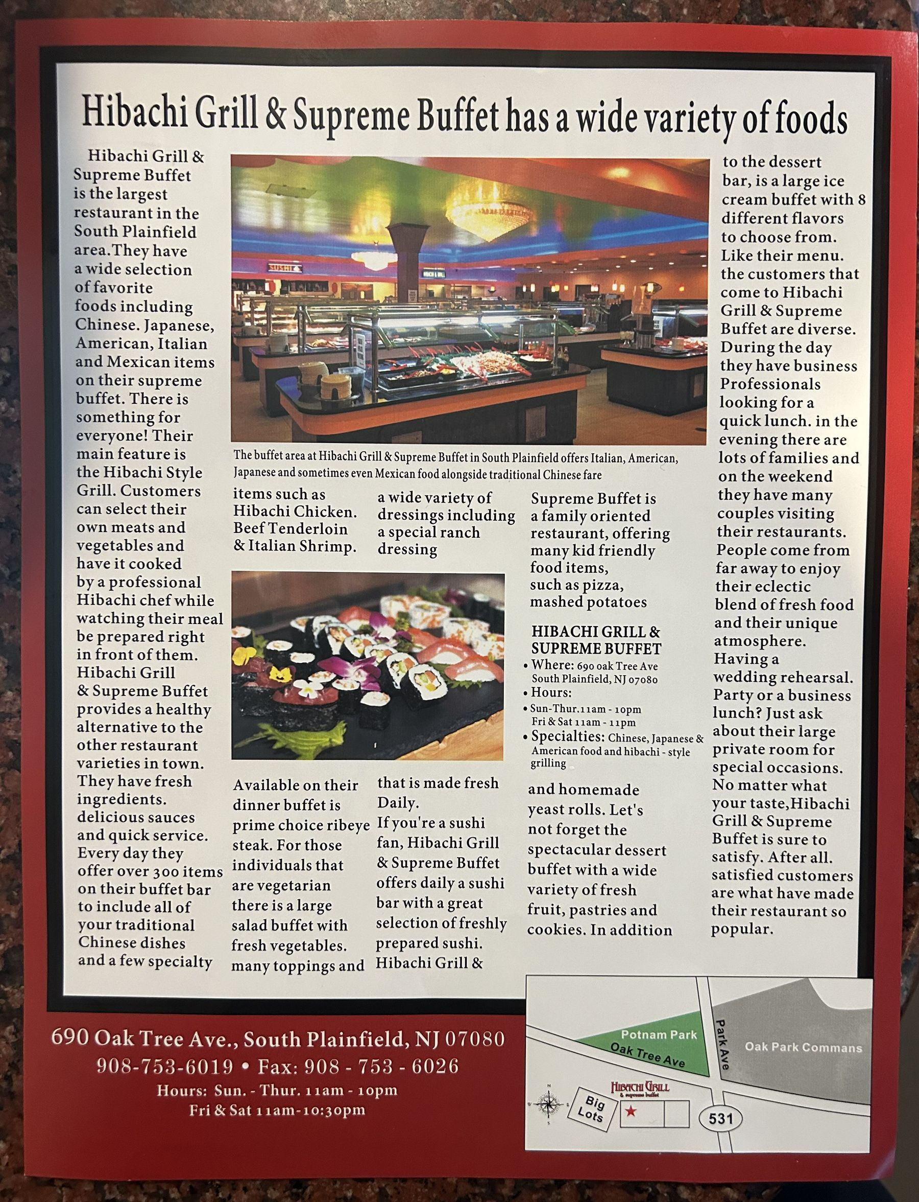 Restaurant Menu — South Plainfield, NJ — Hibachi Grill & Supreme Buffet