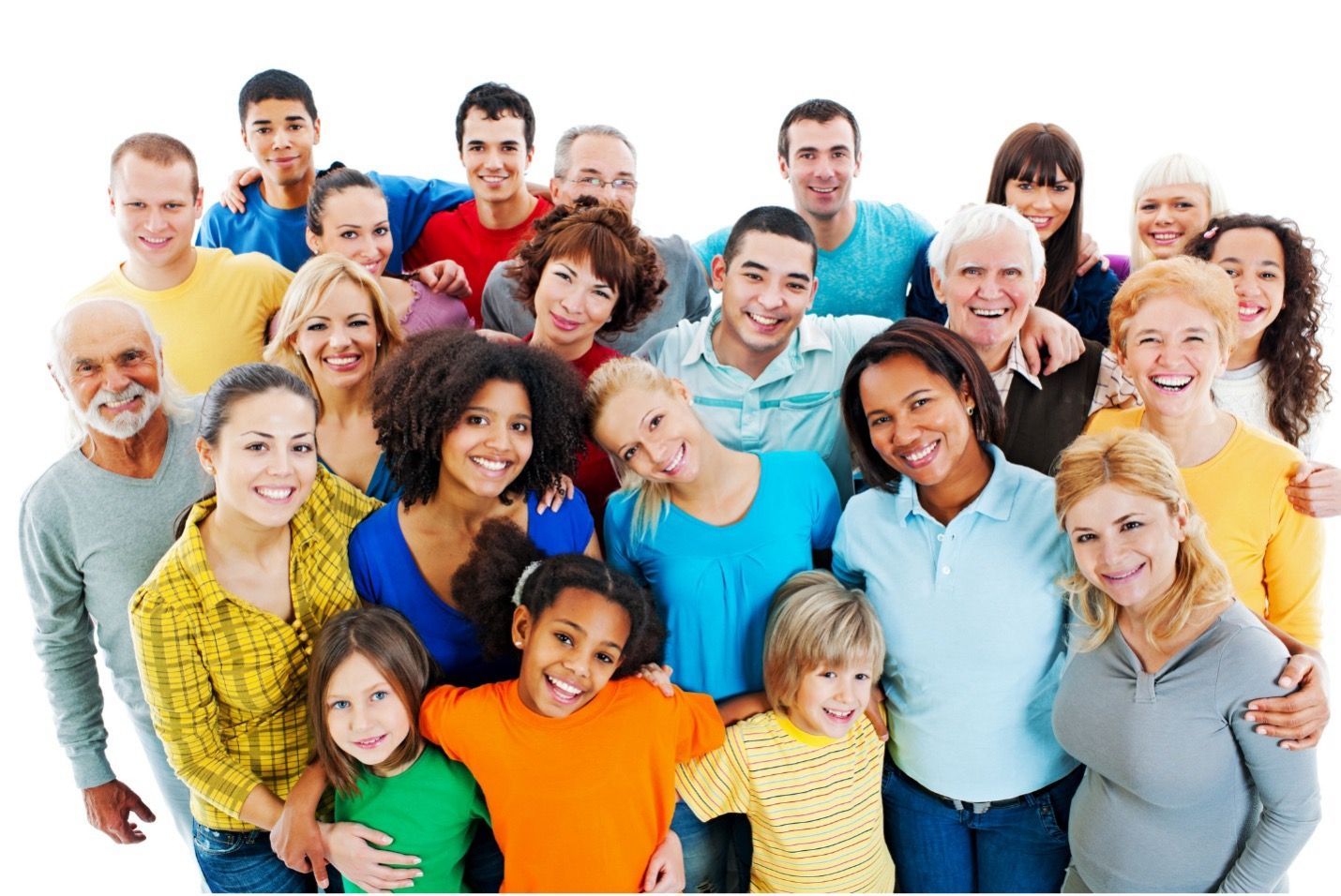 Group of people of diverse ages and ethnicities, smiling and embracing each other.