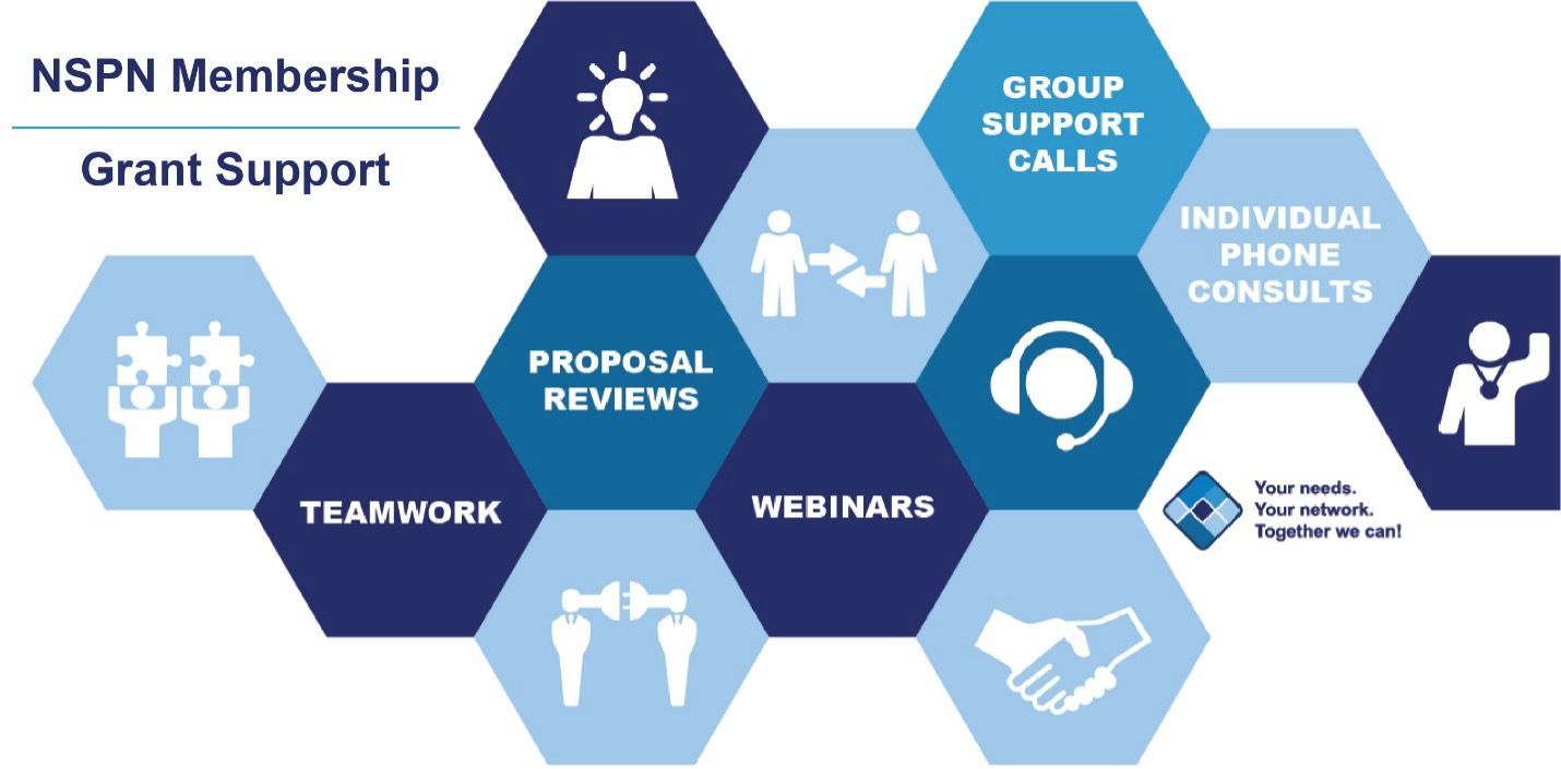 Graphic showcasing NSPN membership grant support, featuring hexagons with text and icons: teamwork, proposal reviews, webinars, group support calls, and individual phone consults.