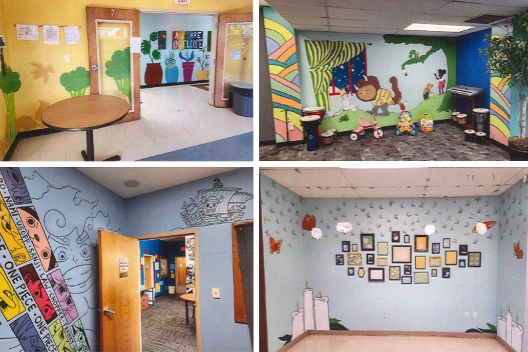 Four colorful room interiors decorated with murals and artwork.