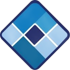 Blue diamond logo with lighter and darker blue squares and lines.