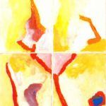 Abstraktes Kunstwerk in vier Tafeln: orange, rote und violette Formen auf gelbem Hintergrund, die an Körperteile erinnern.