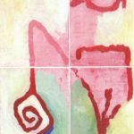 Abstraktes Aquarell in vier Teilen. Rosa und rote Formen auf hellgrünem und gelbem Hintergrund. Unten links befindet sich eine Wirbelform.