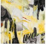 Abstraktes Aquarellgemälde mit gelben, weissen, schwarzen und grauen Pinselstrichen und Formen.