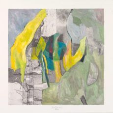 Abstraktes Kunstwerk mit gelben und grünen Formen auf grau-blauem Hintergrund.