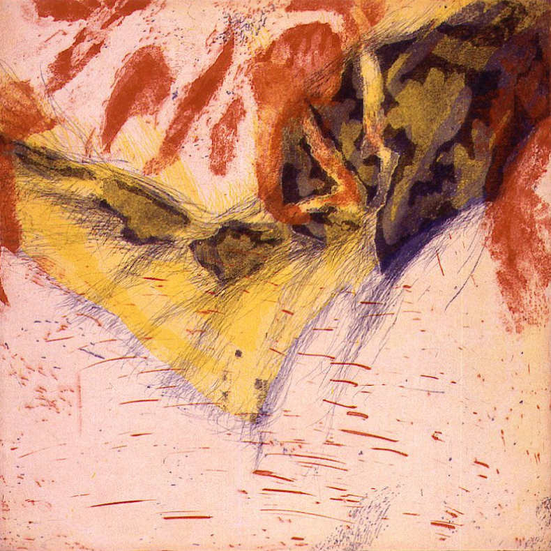 Abstrakte Kunst mit gelben, roten und grünen Formen auf strukturiertem, weißem Hintergrund.