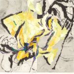 Abstrakte gelb-schwarze Darstellung einer Figur mit erhobenen Armen. Details in Blau, Grün und Grau.