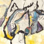 Abstraktes Aquarellgemälde mit schwarzen Umrissen und blauen, gelben und violetten Formen.