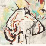 Abstrakte Kunst, eine Person wird mit kräftigen schwarzen, roten und gelben Pinselstrichen auf weissem und grünem Hintergrund dargestellt.