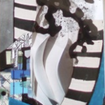 Abstrakte Kunst mit schwarz-weißen Streifen, wirbelnden weißen Formen und anderen geometrischen Gestalten.