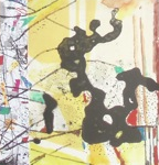 Abstraktes Gemälde mit schwarzen organischen Formen auf gelbem und weißem Grund, mit roten und grünen Akzenten.