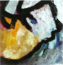 Abstraktes Gemälde mit schwarzen Linien, Gelb, Orange und Blau.