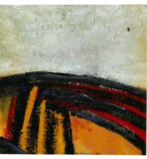 Abstraktes Landschaftsgemälde mit dunklem Hügel, roten und gelben Akzenten und weißem Himmel.