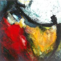 Abstraktes Gemälde mit roten, gelben und blauen Pinselstrichen und einem weißen Fleck.