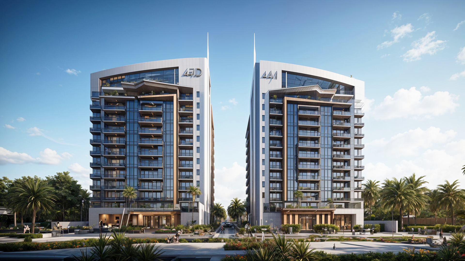 High-rise building with glass windows, brick and wooden accents, under a blue sky.
