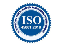 ISO 45001:2018 certification badge, blue and white, for occupational health and safety management.