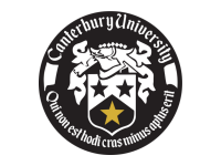 Canterbury University logo: black and white circle with shield and stars,