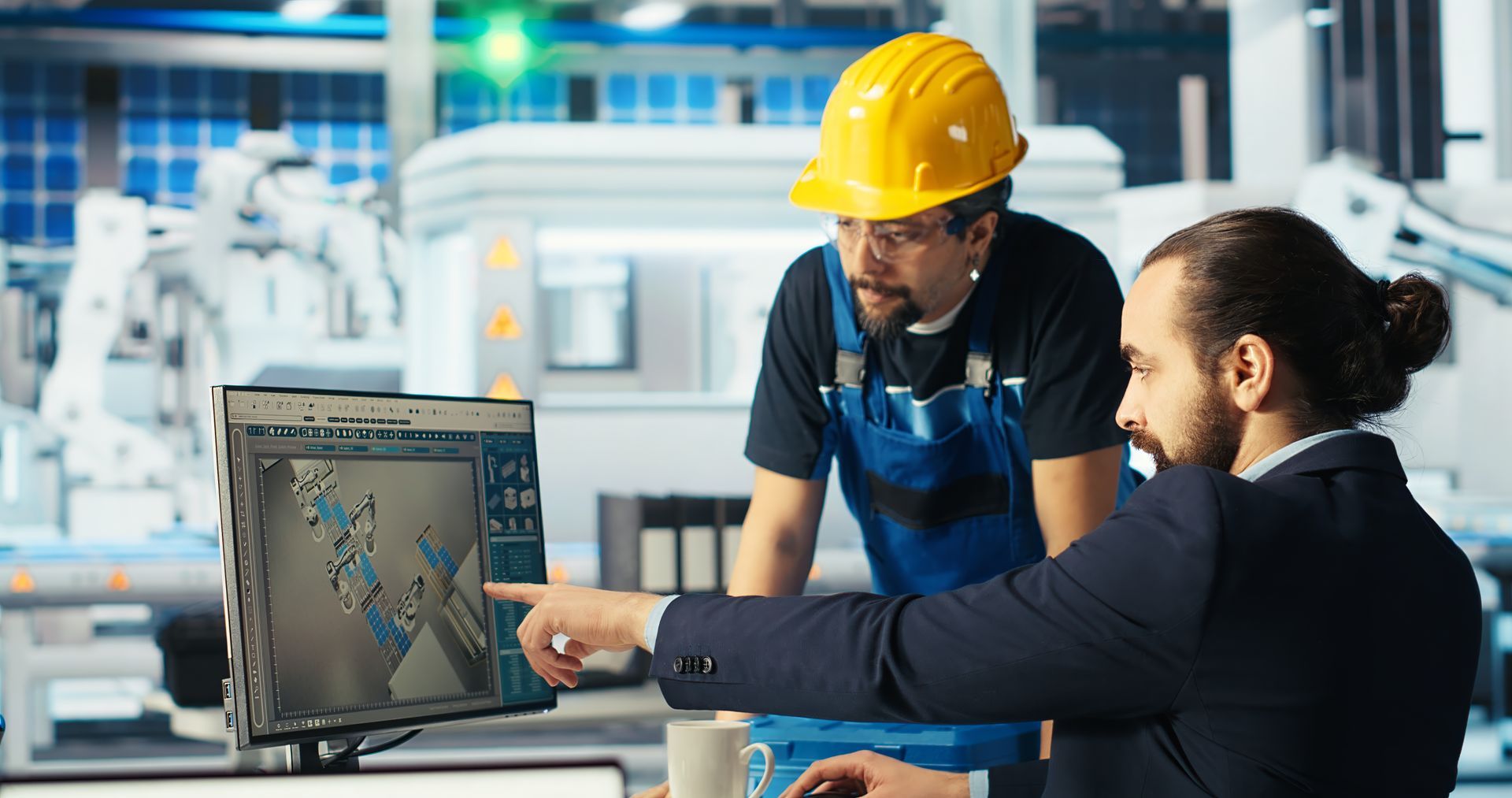 A man in a suit points to a computer screen showing blueprints with a worker in a hardhat in a factory setting.