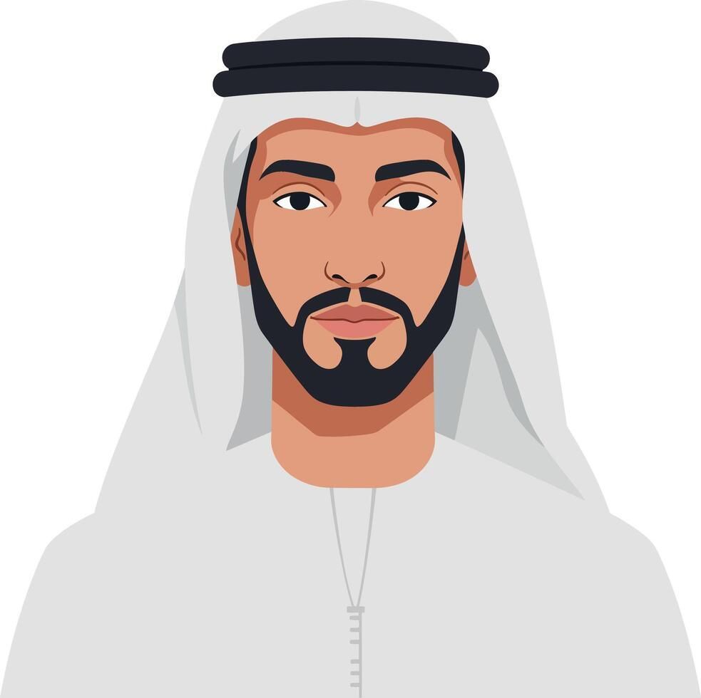 Man wearing traditional Arab headdress and clothing. Brown skin, black beard, light grey clothing.