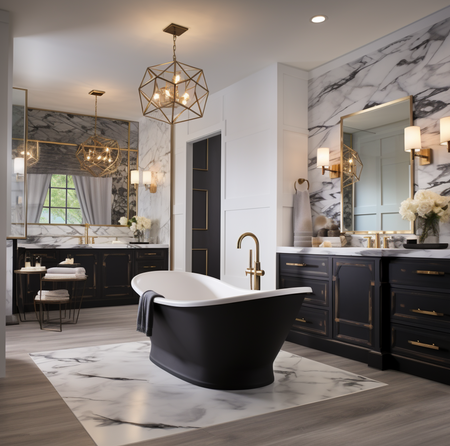 a bathroom remodel with a black tub and black cabinets.