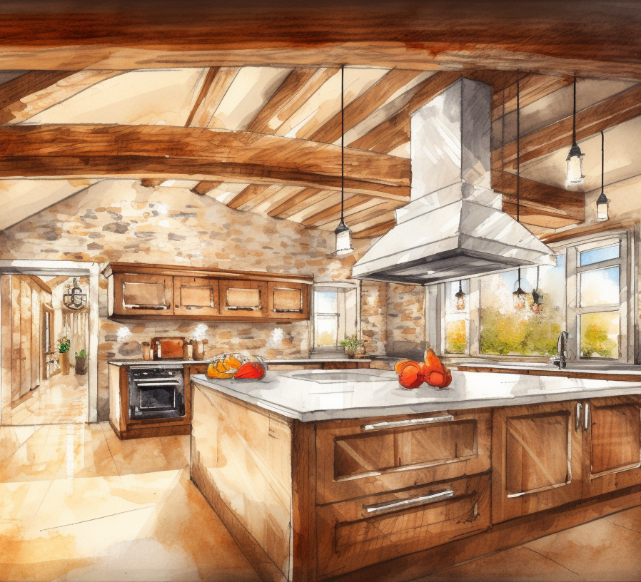 a watercolor painting of a kitchen remodel with wooden cabinets and a large island .