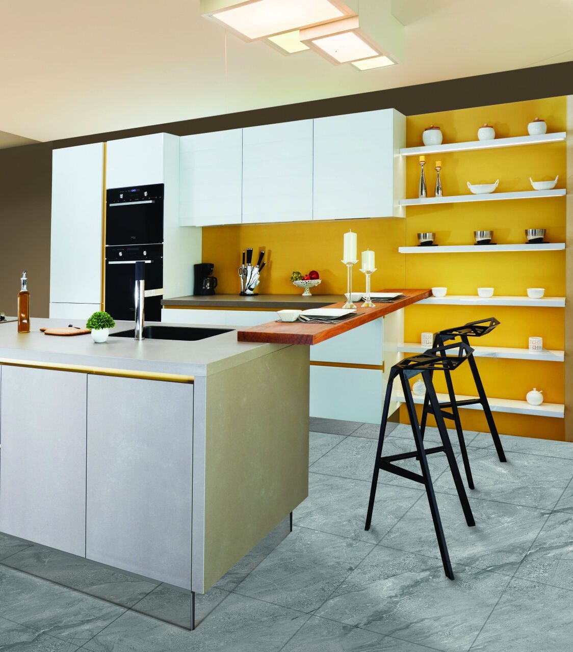 a kitchen with white cabinets and yellow walls:  Turn Your Crowded Kitchen Into A Minimalist Space