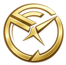 Gold circular logo with a stylized star and angular lines on a white background